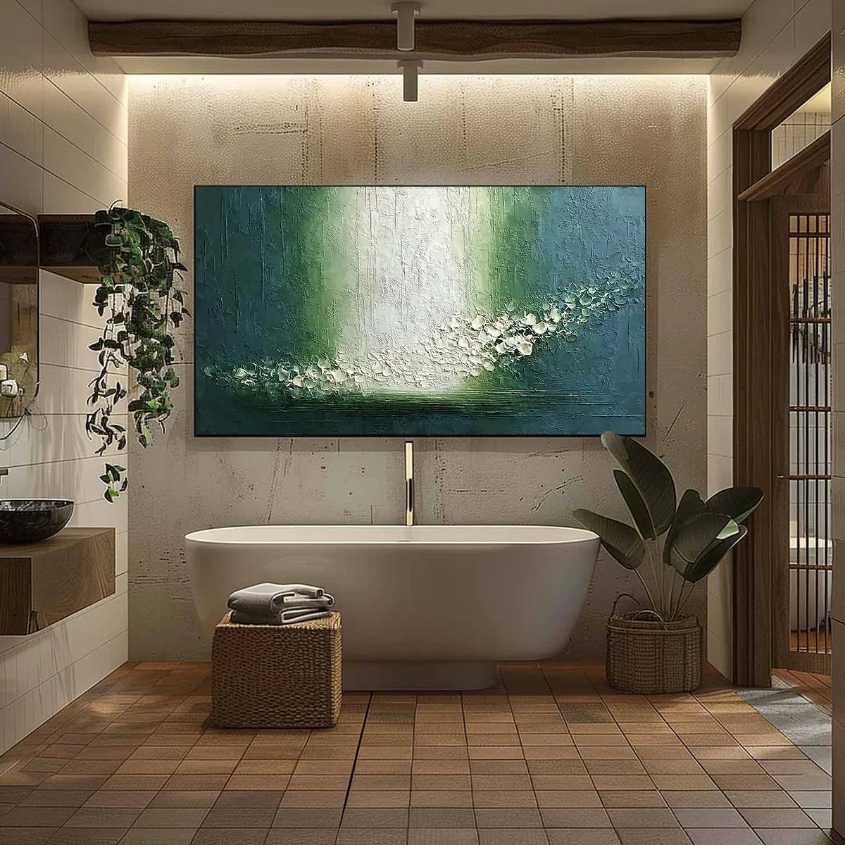 EMERALD CASCADE: Large Textured Wabi Sabi Abstract Painting | black frame version on white wall