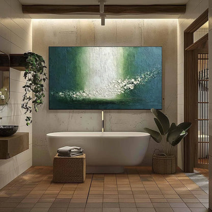 EMERALD CASCADE: Large Textured Wabi Sabi Abstract Painting | black frame version on white wall