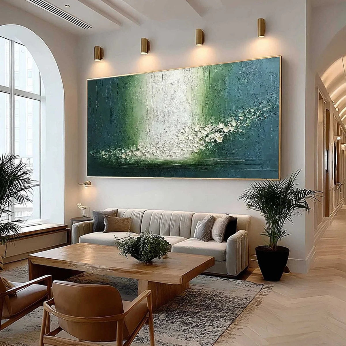 EMERALD CASCADE: Large Textured Wabi Sabi Abstract Painting | Abstract mood, soft natural light studio shot