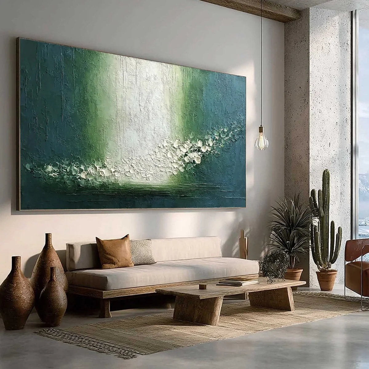 EMERALD CASCADE: Large Textured Wabi Sabi Abstract Painting | green palette, original Hand-painted on premium stretched canvas using artist-grade oils; rich layered surface combines smooth gradient...