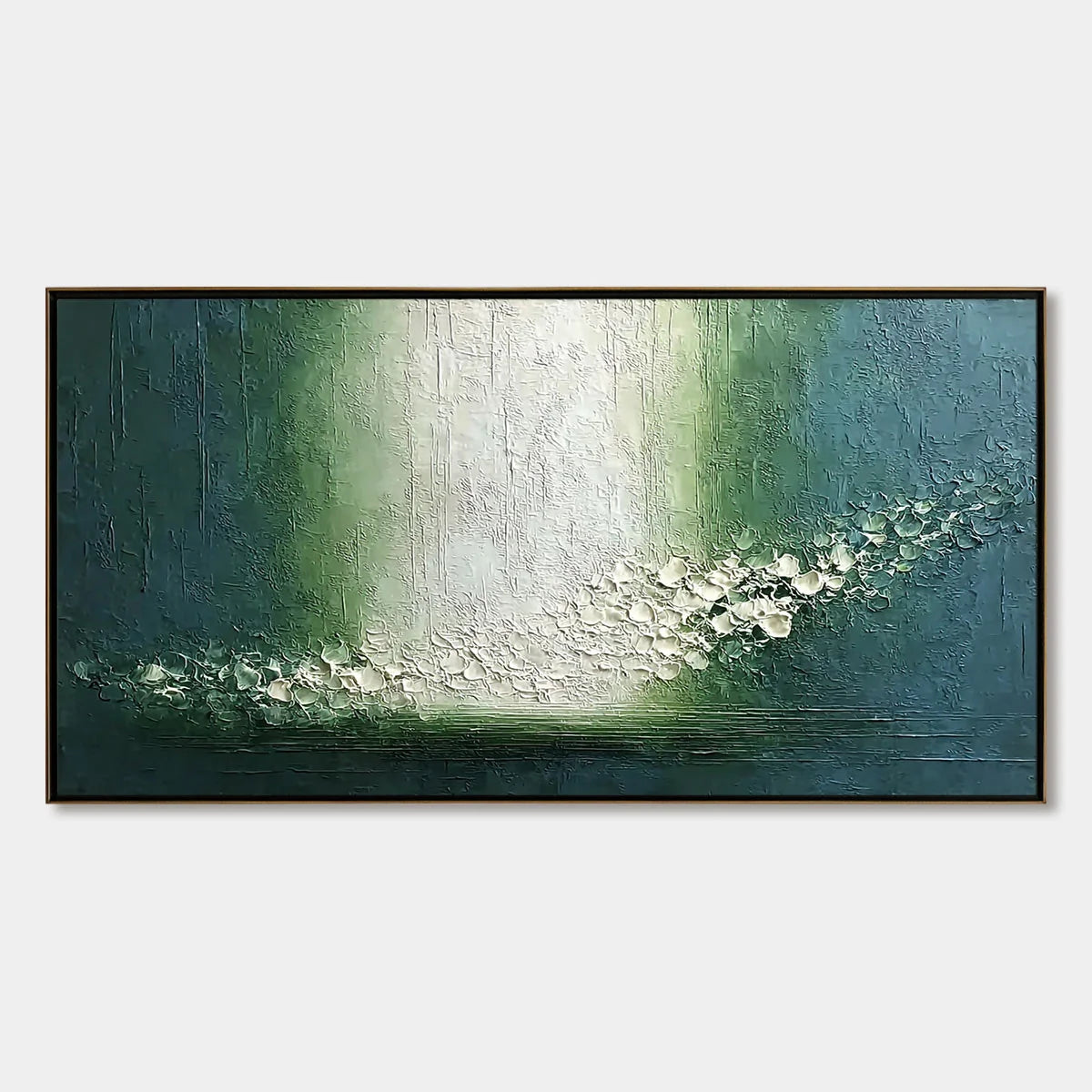 EMERALD CASCADE: Large Textured Wabi Sabi Abstract Painting | hanging in EMERALD CASCADE: Large Textured Wabi Sabi Abstract Painting featuring layered textured brushwork in refined tones; abstract ...