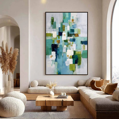 EMERALD CASCADE: Modern Geometric Abstract Painting in Green and Blue | Abstract closeup, raised brushwork detail