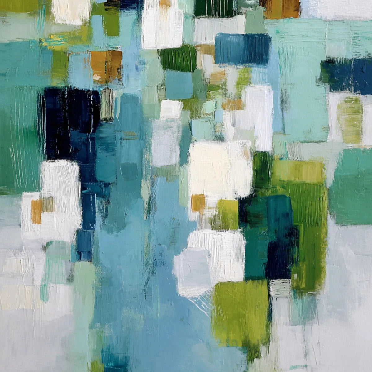 EMERALD CASCADE: Modern Geometric Abstract Painting in Green and Blue | rectangular format, hand-painted canvas edge