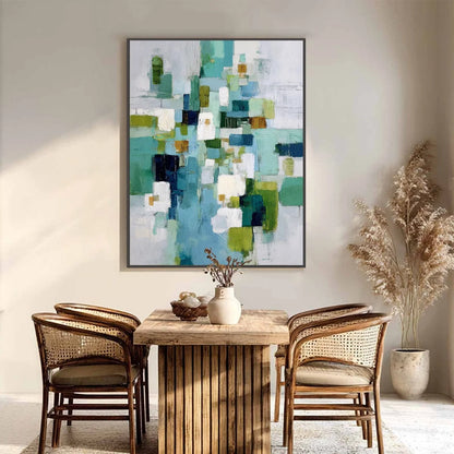 EMERALD CASCADE: Modern Geometric Abstract Painting in Green and Blue | gold frame stretched on neutral wall