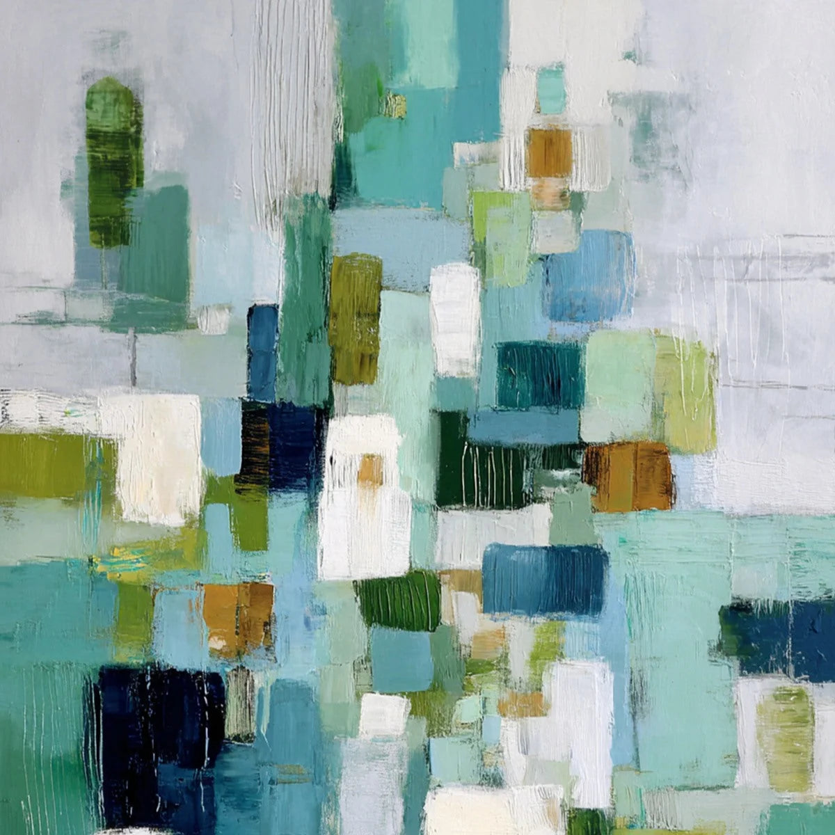 EMERALD CASCADE: Modern Geometric Abstract Painting in Green and Blue | rolled canvas, ready for custom framing
