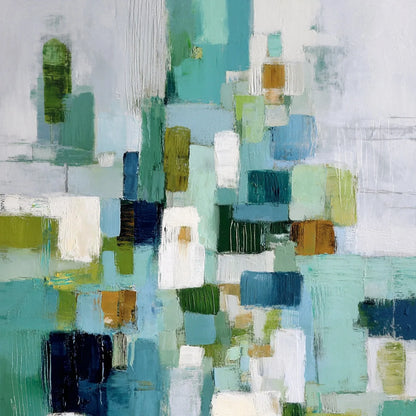 EMERALD CASCADE: Modern Geometric Abstract Painting in Green and Blue | rolled canvas, ready for custom framing