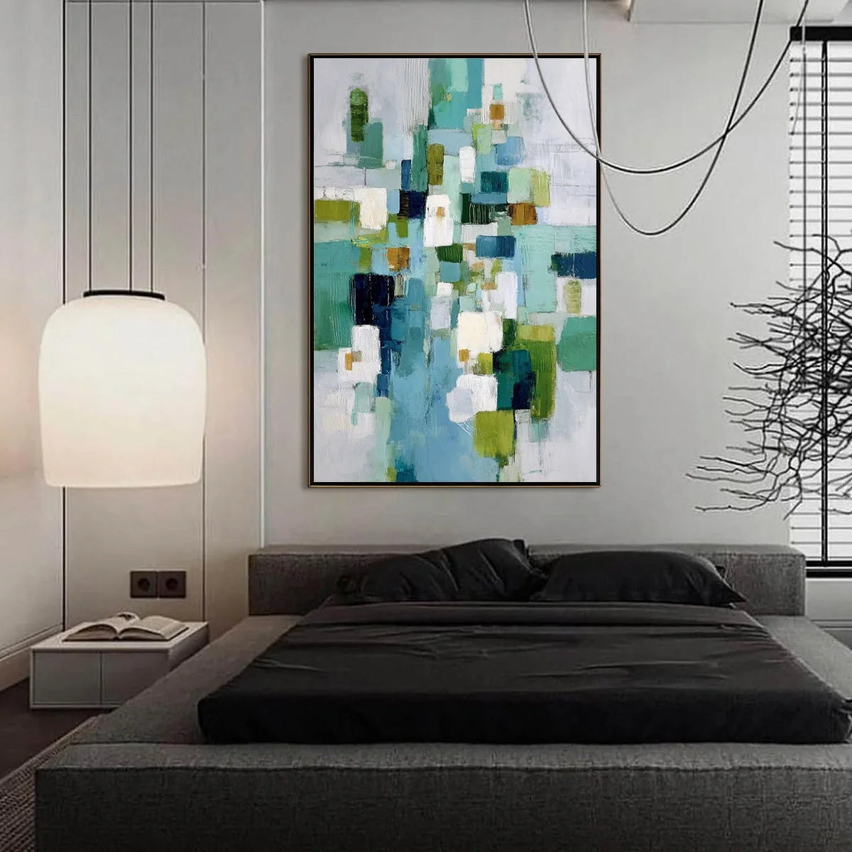 EMERALD CASCADE: Modern Geometric Abstract Painting in Green and Blue | black frame version on white wall