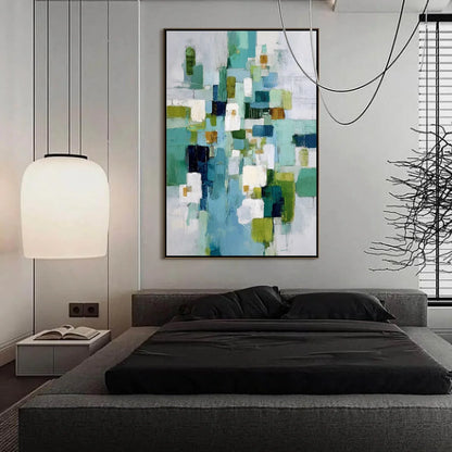 EMERALD CASCADE: Modern Geometric Abstract Painting in Green and Blue | black frame version on white wall