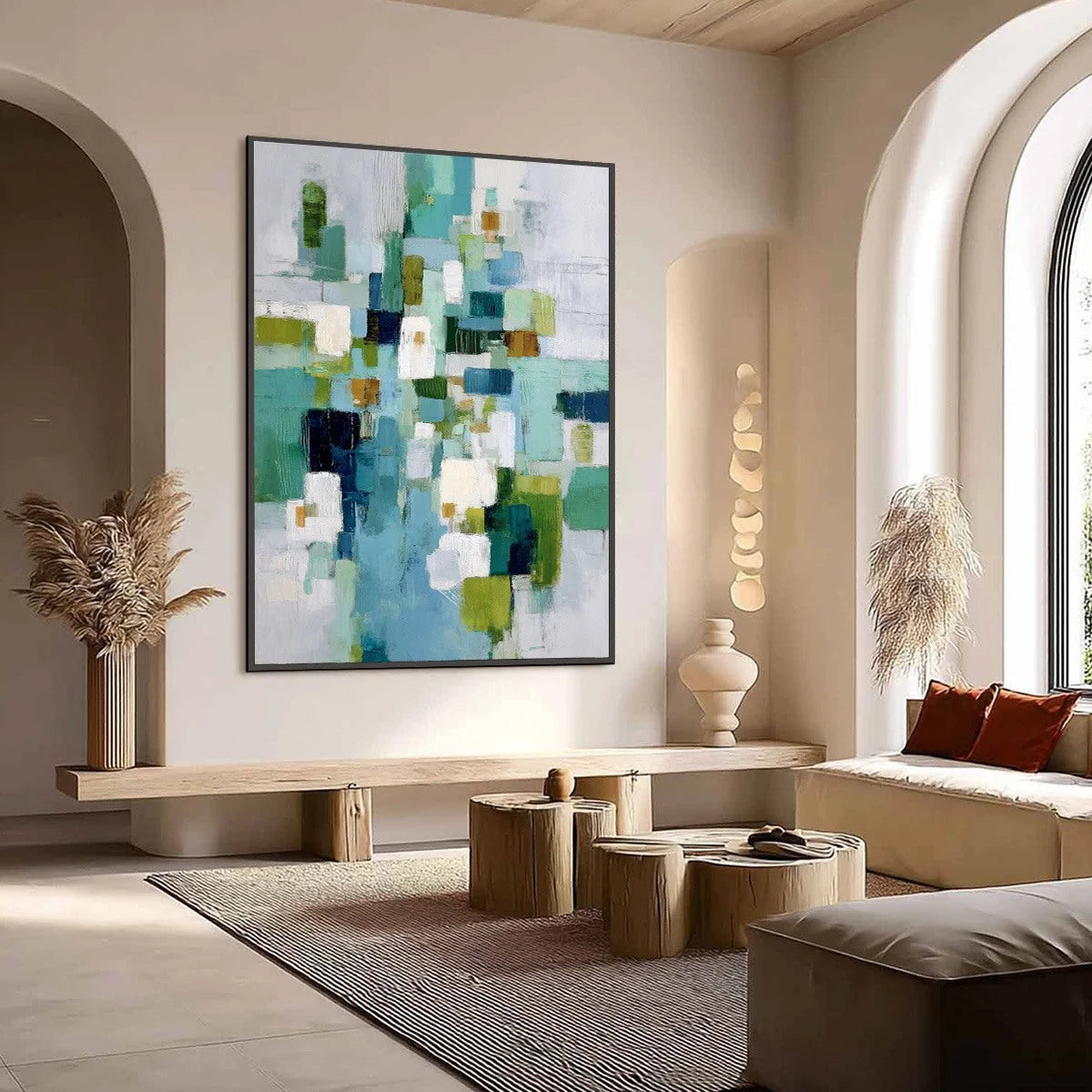 EMERALD CASCADE: Modern Geometric Abstract Painting in Green and Blue | Abstract mood, soft natural light studio shot