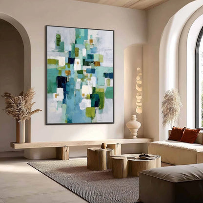 EMERALD CASCADE: Modern Geometric Abstract Painting in Green and Blue | Abstract mood, soft natural light studio shot