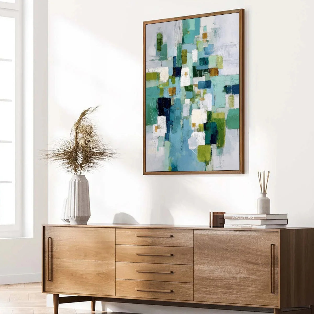 EMERALD CASCADE: Modern Geometric Abstract Painting in Green and Blue | green palette, original Hand-painted on premium stretched canvas using artist-grade oils; rich layered surface combines smoot...