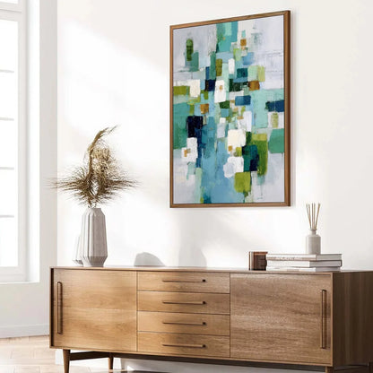 EMERALD CASCADE: Modern Geometric Abstract Painting in Green and Blue | green palette, original Hand-painted on premium stretched canvas using artist-grade oils; rich layered surface combines smoot...