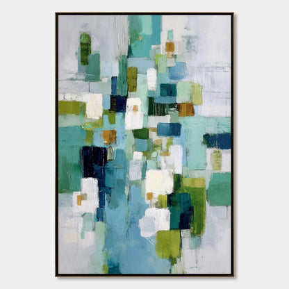 EMERALD CASCADE: Modern Geometric Abstract Painting in Green and Blue | hanging in EMERALD CASCADE: Modern Geometric Abstract Painting in Green and Blue featuring layered textured brushwork in refi...