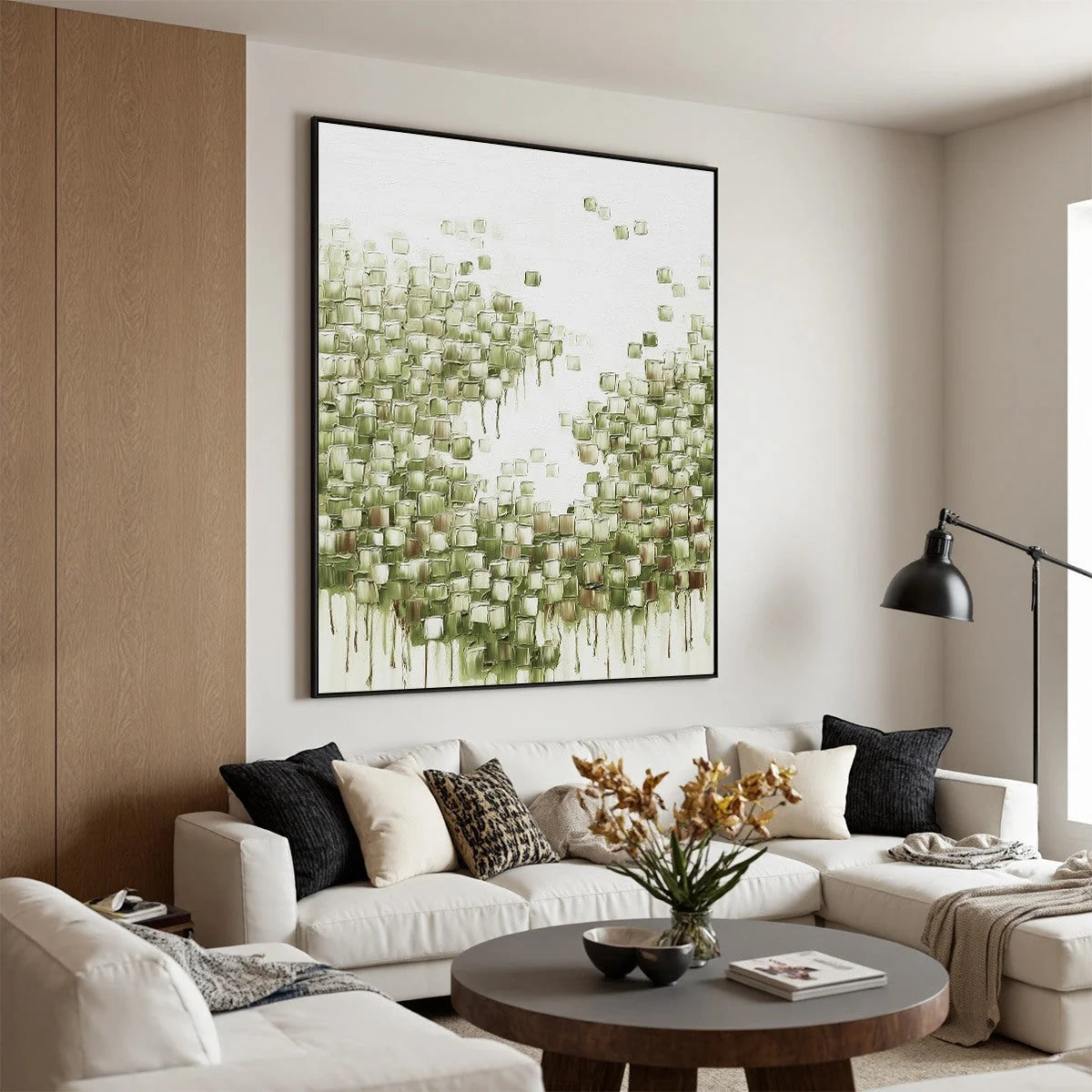 EMERALD CASCADE: Textured Abstract Green Oil Painting | gold frame stretched on neutral wall