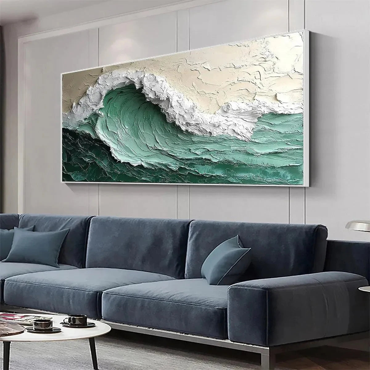 EMERALD CREST: Textured Green Wave Impasto Oil Painting | rectangular format, hand-painted canvas edge