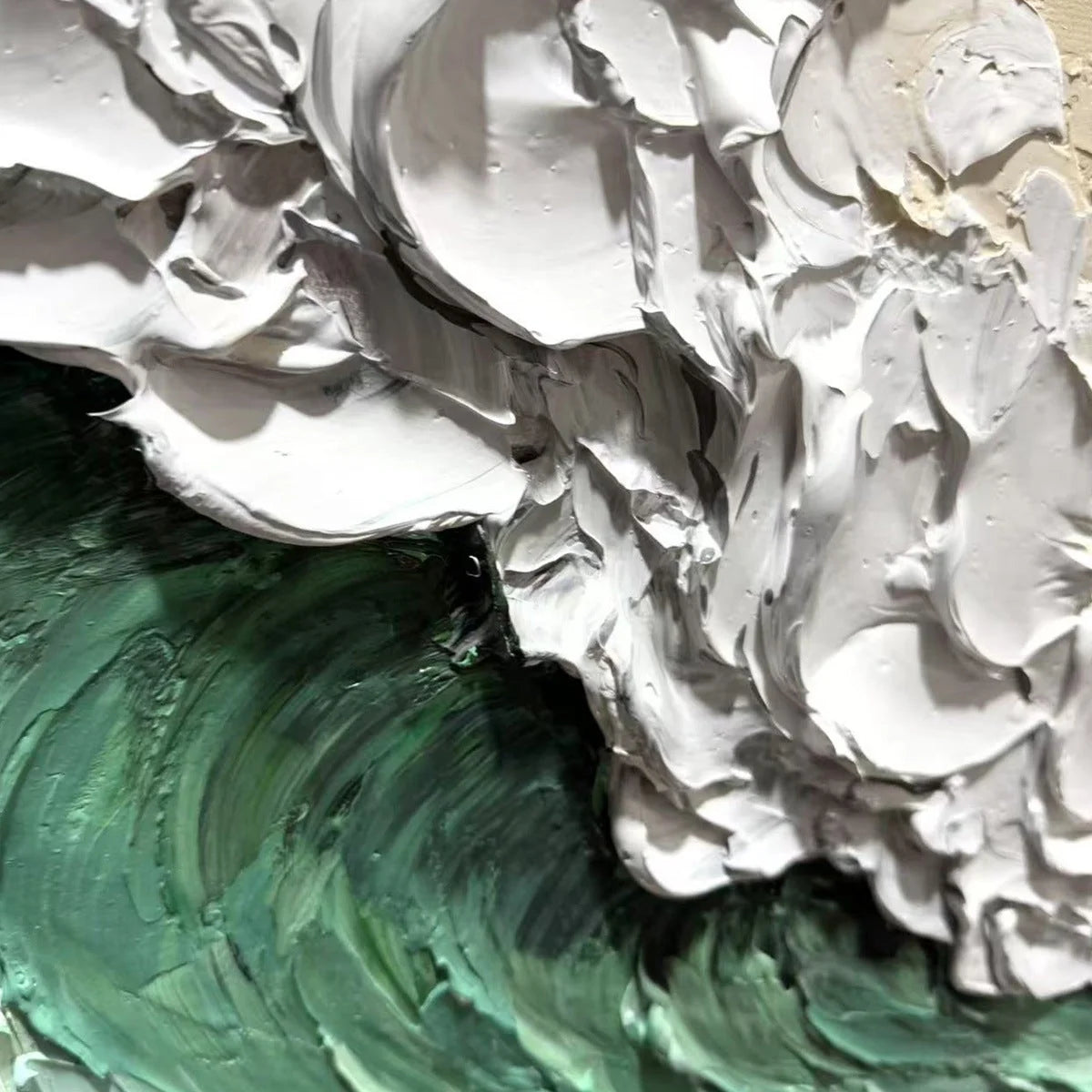 EMERALD CREST: Textured Green Wave Impasto Oil Painting | gold frame stretched on neutral wall