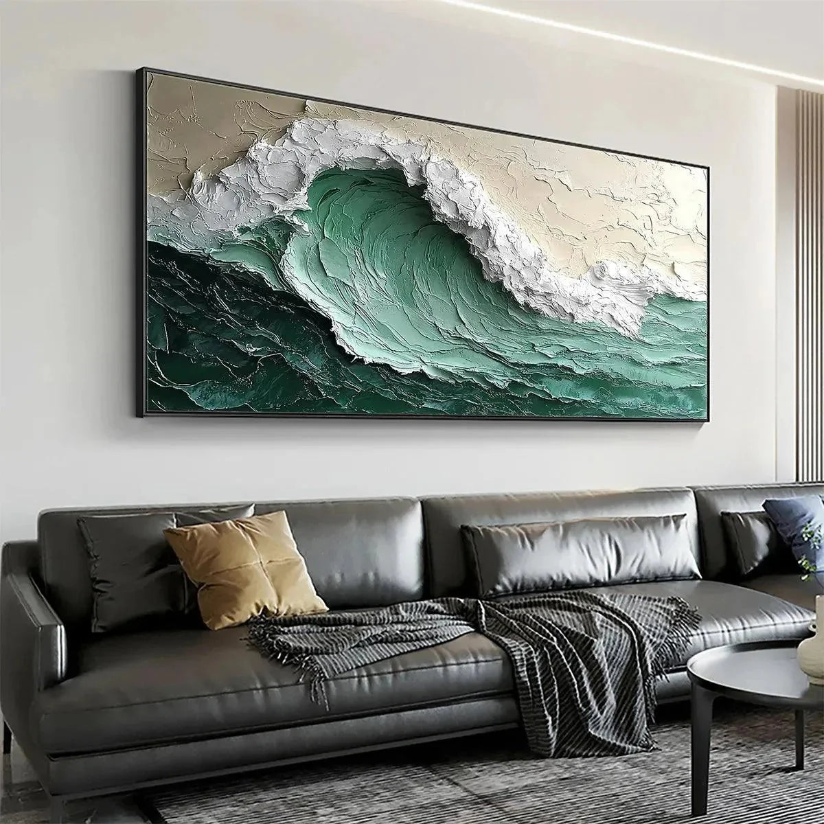 EMERALD CREST: Textured Green Wave Impasto Oil Painting | rolled canvas, ready for custom framing