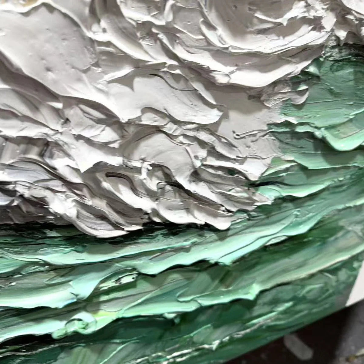 EMERALD CREST: Textured Green Wave Impasto Oil Painting | black frame version on white wall