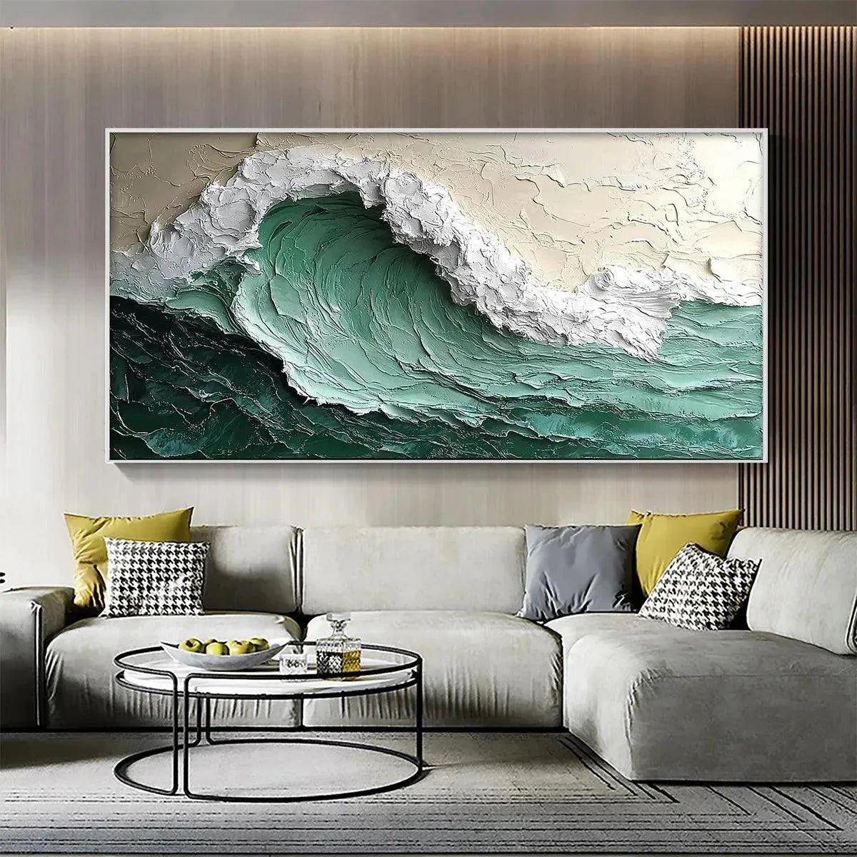 EMERALD CREST: Textured Green Wave Impasto Oil Painting | Abstract mood, soft natural light studio shot