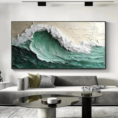 EMERALD CREST: Textured Green Wave Impasto Oil Painting | green palette, original Hand-painted on premium stretched canvas using artist-grade oils; rich layered surface combines smooth gradients wi...