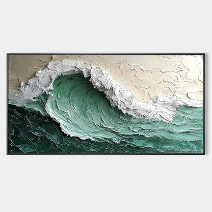 EMERALD CREST: Textured Green Wave Impasto Oil Painting | hanging in EMERALD CREST: Textured Green Wave Impasto Oil Painting featuring layered textured brushwork in refined tones; abstract composit...