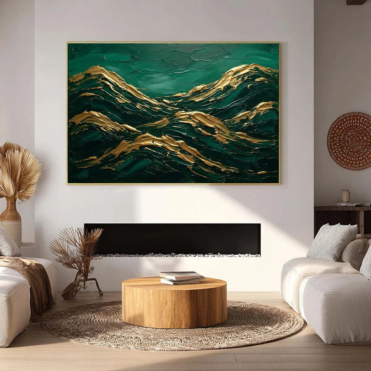 EMERALD CRESTS: Heavy Texture Abstract Green and Gold Landscape Painting | Abstract closeup, raised brushwork detail