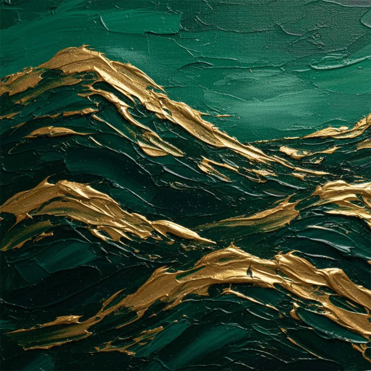 EMERALD CRESTS: Heavy Texture Abstract Green and Gold Landscape Painting | rectangular format, hand-painted canvas edge