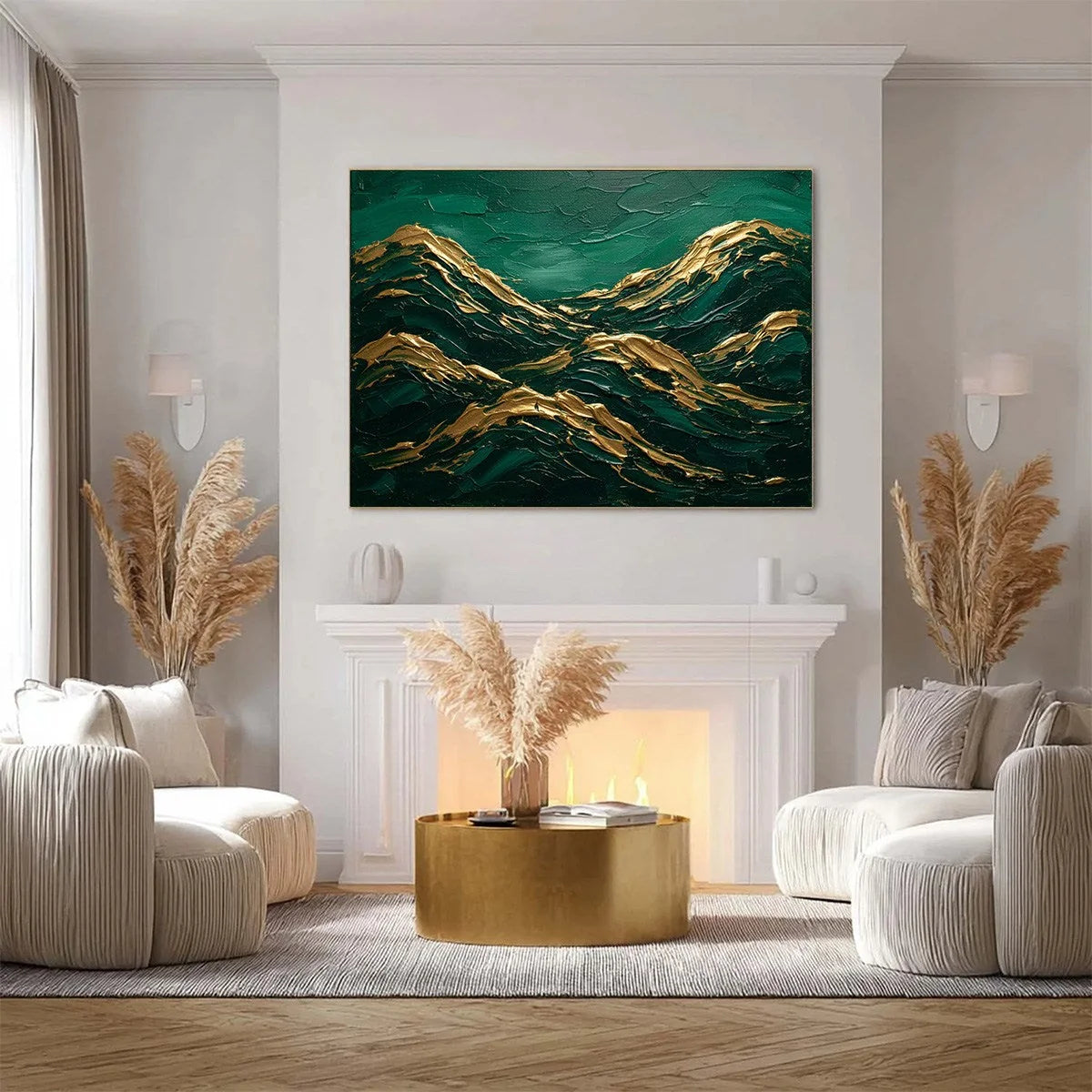 EMERALD CRESTS: Heavy Texture Abstract Green and Gold Landscape Painting | gold frame stretched on neutral wall