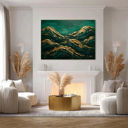 EMERALD CRESTS: Heavy Texture Abstract Green and Gold Landscape Painting | gold frame stretched on neutral wall