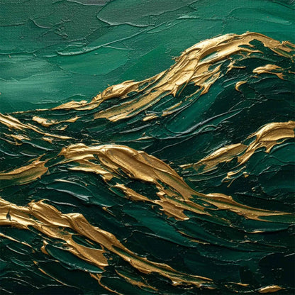 EMERALD CRESTS: Heavy Texture Abstract Green and Gold Landscape Painting | rolled canvas, ready for custom framing