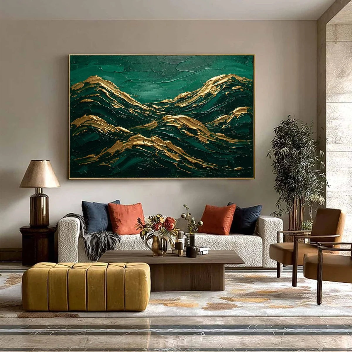 EMERALD CRESTS: Heavy Texture Abstract Green and Gold Landscape Painting | black frame version on white wall