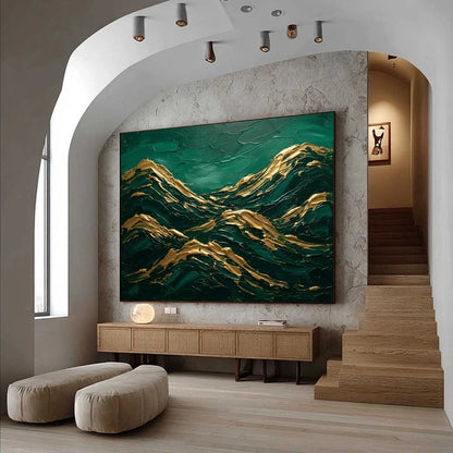 EMERALD CRESTS: Heavy Texture Abstract Green and Gold Landscape Painting | Abstract mood, soft natural light studio shot