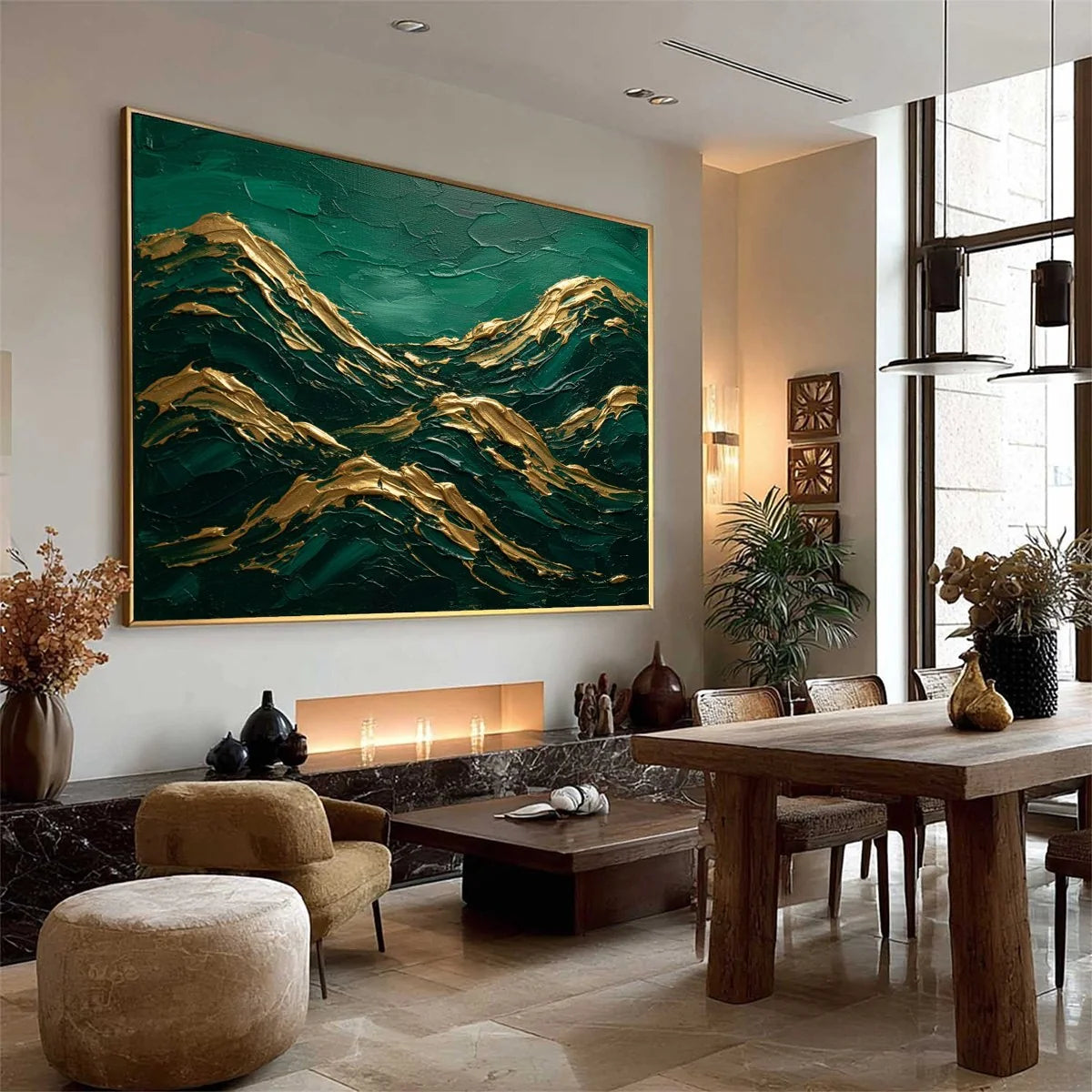EMERALD CRESTS: Heavy Texture Abstract Green and Gold Landscape Painting | green palette, original Hand-painted on premium stretched canvas using artist-grade oils; rich layered surface combines sm...