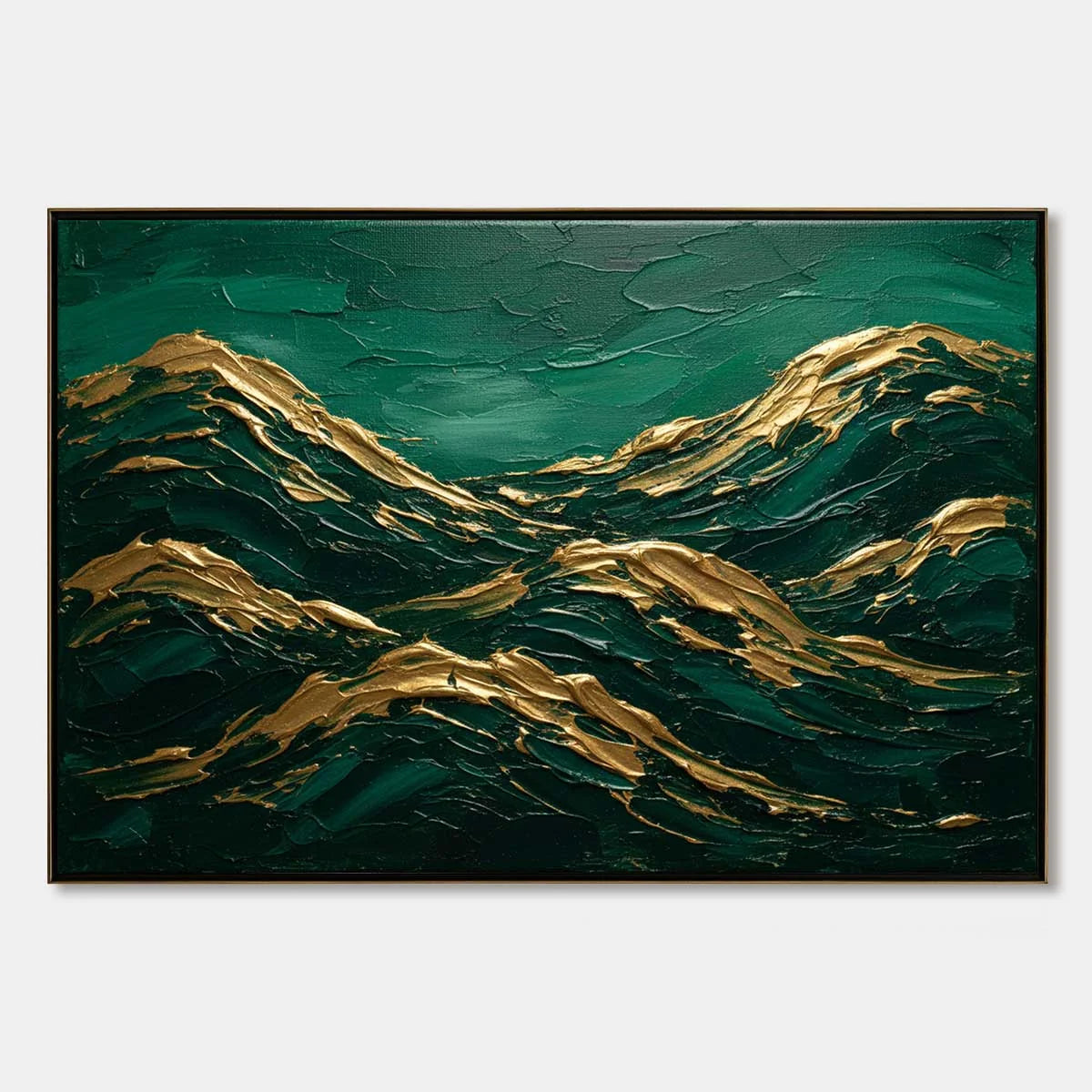 EMERALD CRESTS: Heavy Texture Abstract Green and Gold Landscape Painting | hanging in EMERALD CRESTS: Heavy Texture Abstract Green and Gold Landscape Painting featuring layered textured brushwork i...