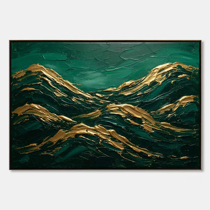 EMERALD CRESTS: Heavy Texture Abstract Green and Gold Landscape Painting | hanging in EMERALD CRESTS: Heavy Texture Abstract Green and Gold Landscape Painting featuring layered textured brushwork i...