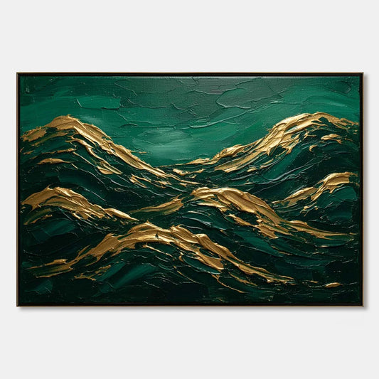 EMERALD CRESTS: Heavy Texture Abstract Green and Gold Landscape Painting | hanging in EMERALD CRESTS: Heavy Texture Abstract Green and Gold Landscape Painting featuring layered textured brushwork i...