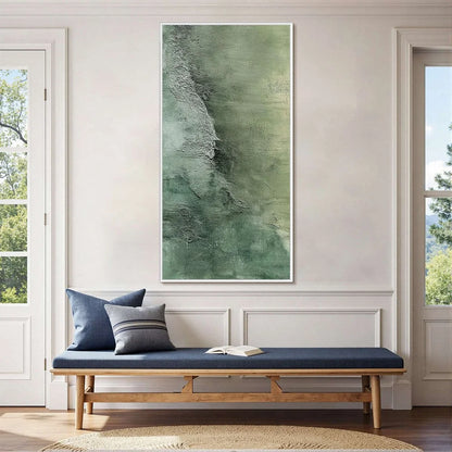 EMERALD DEPTHS: Textured Abstract Oil Painting | gold frame stretched on neutral wall