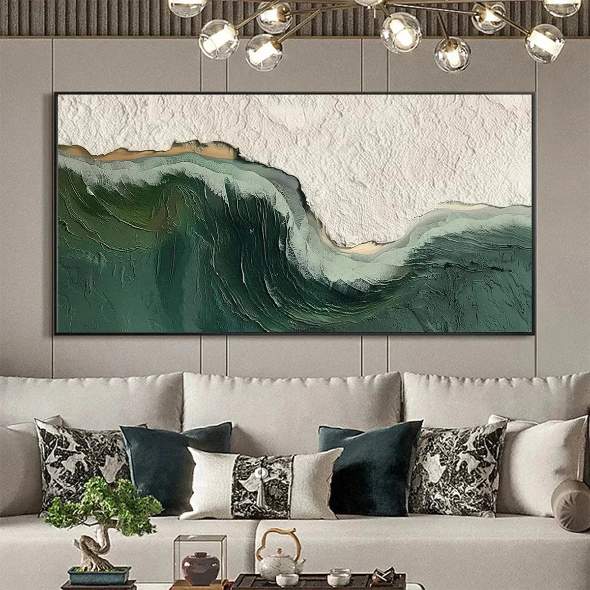 EMERALD DEPTHS: Textured Abstract Seascape Painting, Green and White Wall Art, Panoramic Canvas, Coastal Decor | Abstract closeup, raised brushwork detail