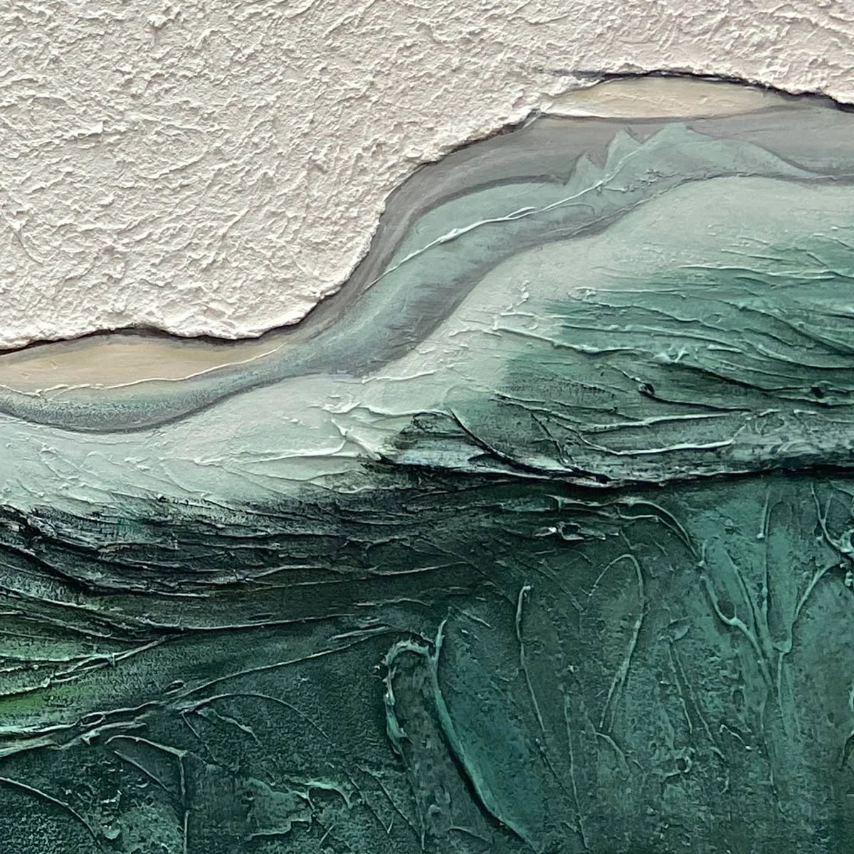 EMERALD DEPTHS: Textured Abstract Seascape Painting, Green and White Wall Art, Panoramic Canvas, Coastal Decor | rectangular format, hand-painted canvas edge