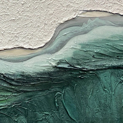 EMERALD DEPTHS: Textured Abstract Seascape Painting, Green and White Wall Art, Panoramic Canvas, Coastal Decor | rectangular format, hand-painted canvas edge