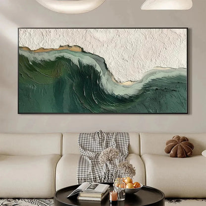 EMERALD DEPTHS: Textured Abstract Seascape Painting, Green and White Wall Art, Panoramic Canvas, Coastal Decor | gold frame stretched on neutral wall
