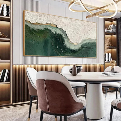 EMERALD DEPTHS: Textured Abstract Seascape Painting, Green and White Wall Art, Panoramic Canvas, Coastal Decor | black frame version on white wall