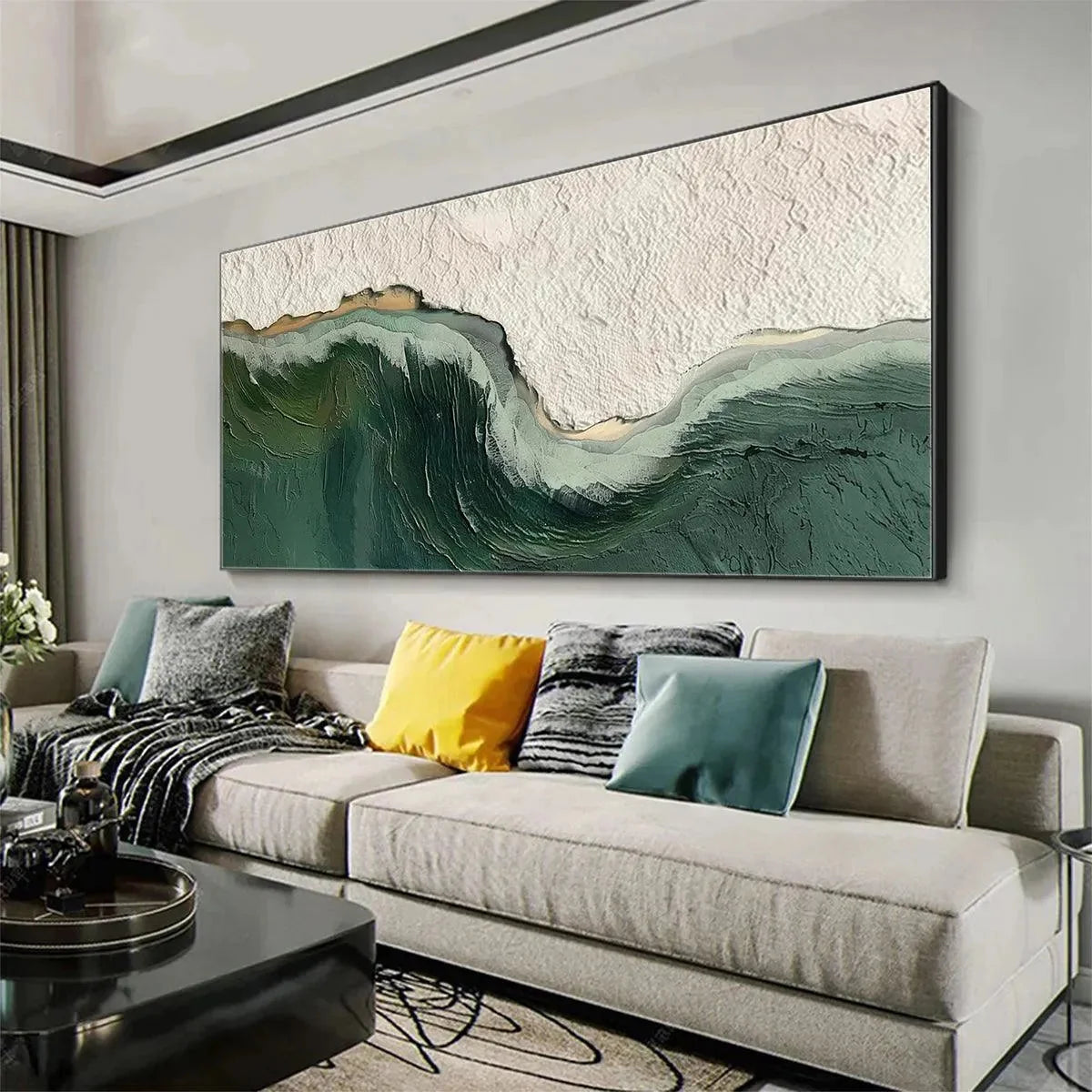 EMERALD DEPTHS: Textured Abstract Seascape Painting, Green and White Wall Art, Panoramic Canvas, Coastal Decor | green palette, original Hand-painted on premium stretched canvas using artist-grade ...