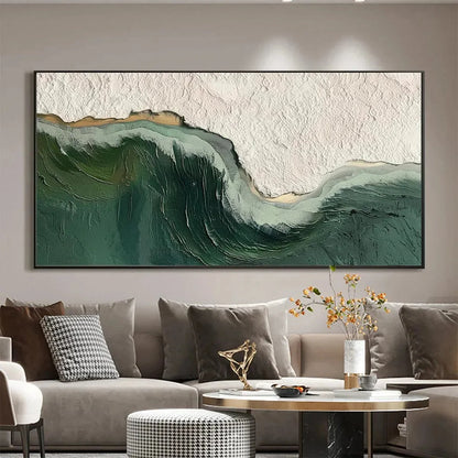 EMERALD DEPTHS: Textured Abstract Seascape Painting, Green and White Wall Art, Panoramic Canvas, Coastal Decor | texture detail, palette knife marks visible