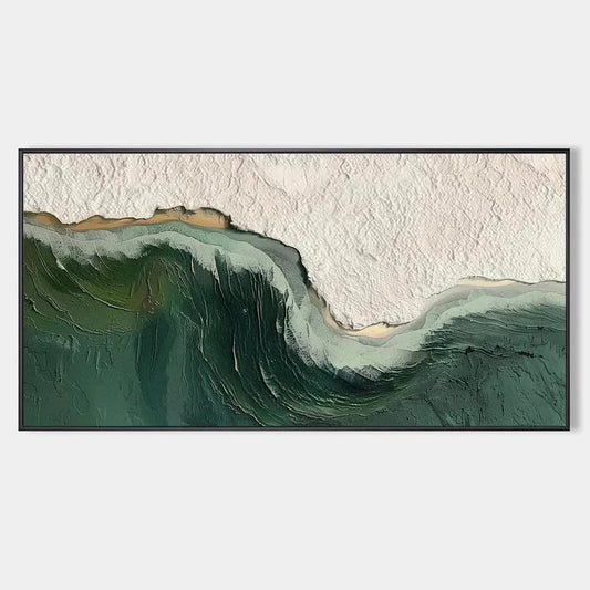 EMERALD DEPTHS: Textured Abstract Seascape Painting, Green and White Wall Art, Panoramic Canvas, Coastal Decor | hanging in EMERALD DEPTHS: Textured Abstract Seascape Painting, Green and White Wall...