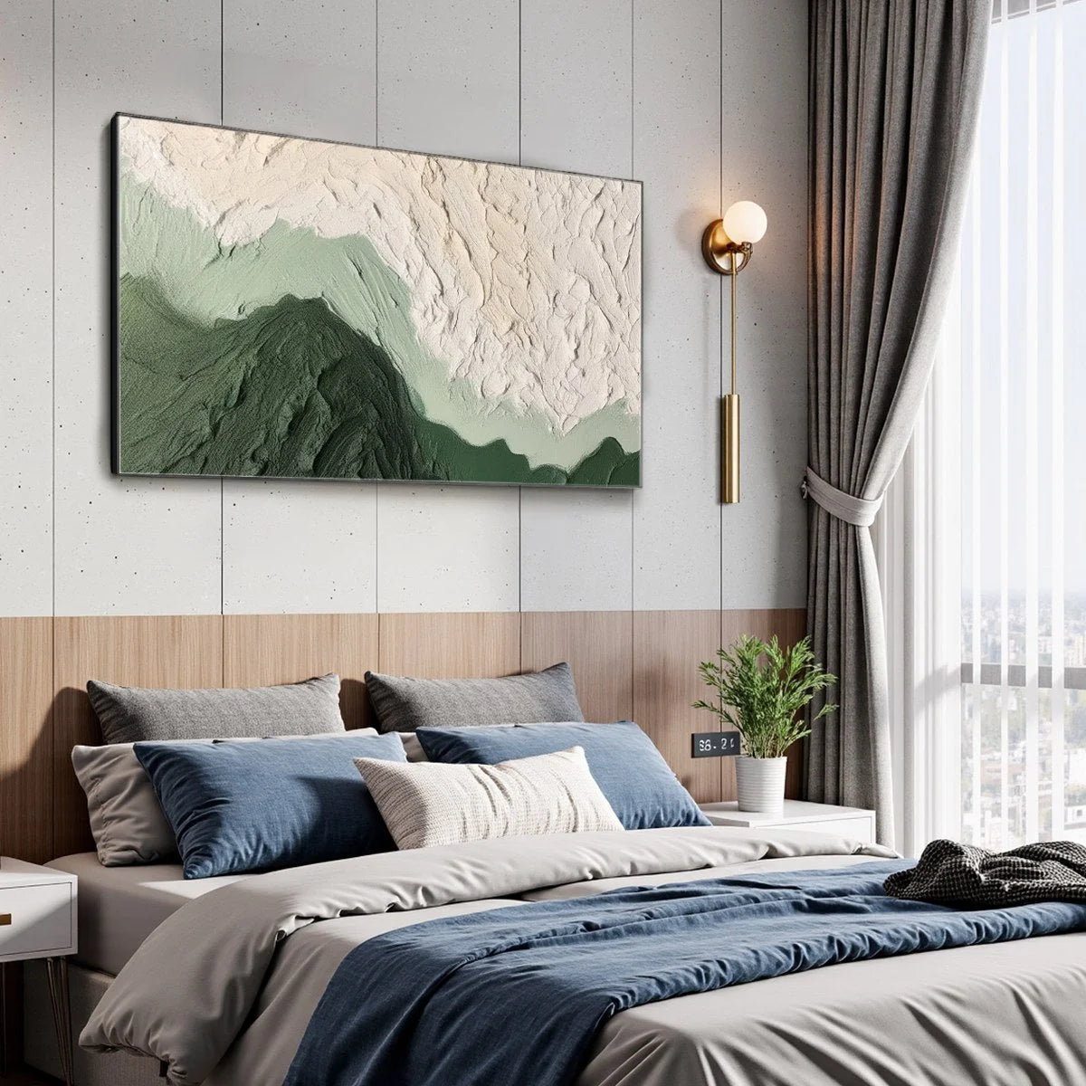 EMERALD DUSK: Textured Abstract Landscape Oil Painting | gold frame stretched on neutral wall