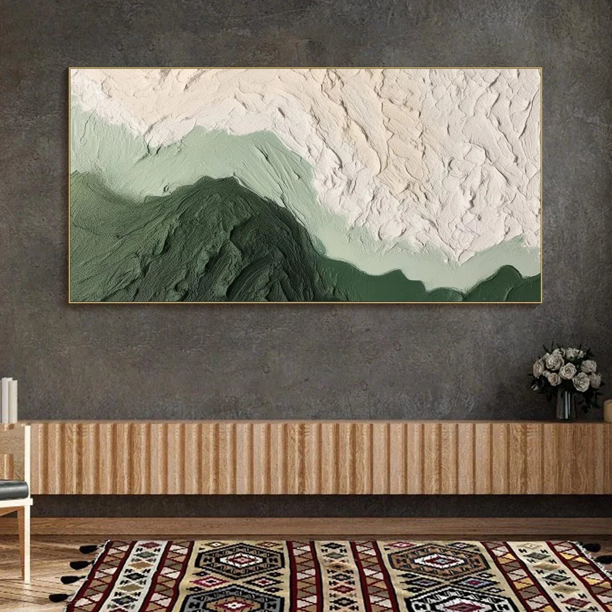 EMERALD DUSK: Textured Abstract Landscape Oil Painting | Abstract mood, soft natural light studio shot