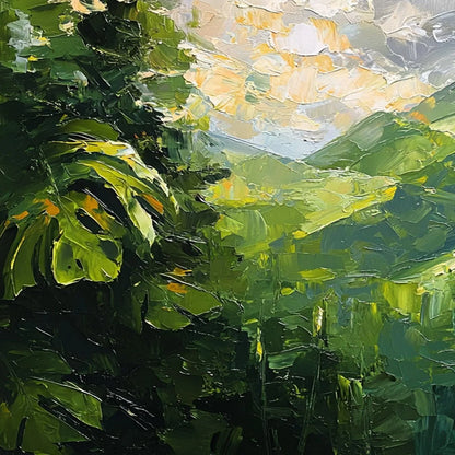 EMERALD ESCAPE: Lush Impasto Painting of a Verdant Mountain Valley | rectangular format, hand-painted canvas edge