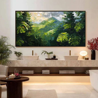 EMERALD ESCAPE: Lush Impasto Painting of a Verdant Mountain Valley | gold frame stretched on neutral wall