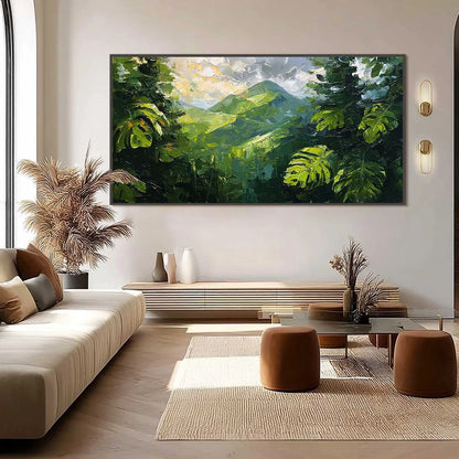 EMERALD ESCAPE: Lush Impasto Painting of a Verdant Mountain Valley | black frame version on white wall